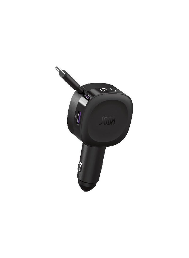 JODA CarFlex car charger with 60W power   Equipped with a built-in Type-C cable and two ports, USB-C and USB-A, to charge two devices simultaneously   Elegant design in black color fits all car types - Image 1