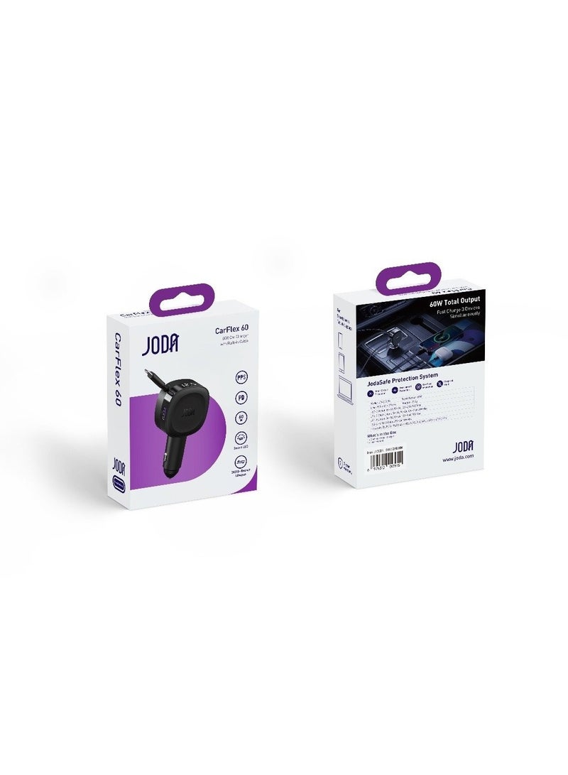 JODA CarFlex car charger with 60W power   Equipped with a built-in Type-C cable and two ports, USB-C and USB-A, to charge two devices simultaneously   Elegant design in black color fits all car types - Image 2