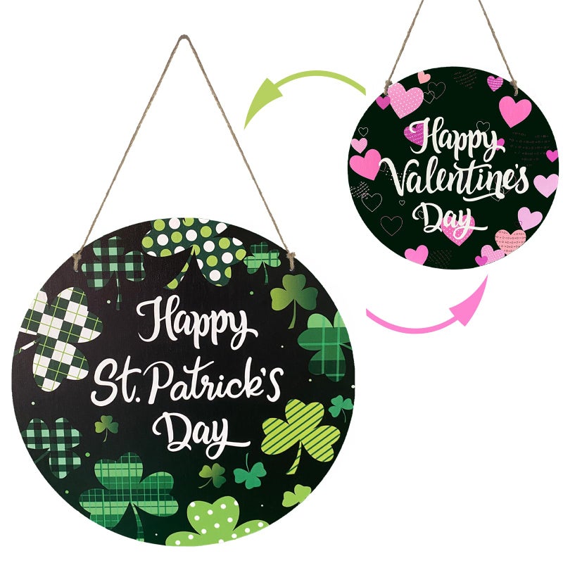 YUNKKIN Valentines Day Decorations St Patricks Day Decorations Reversible Happy Valentines Wreath Heart Door Decor Hanging Sign Wooden Front Door Hanger Wreath for Porch Wall Indoor Home Decor - Image 1