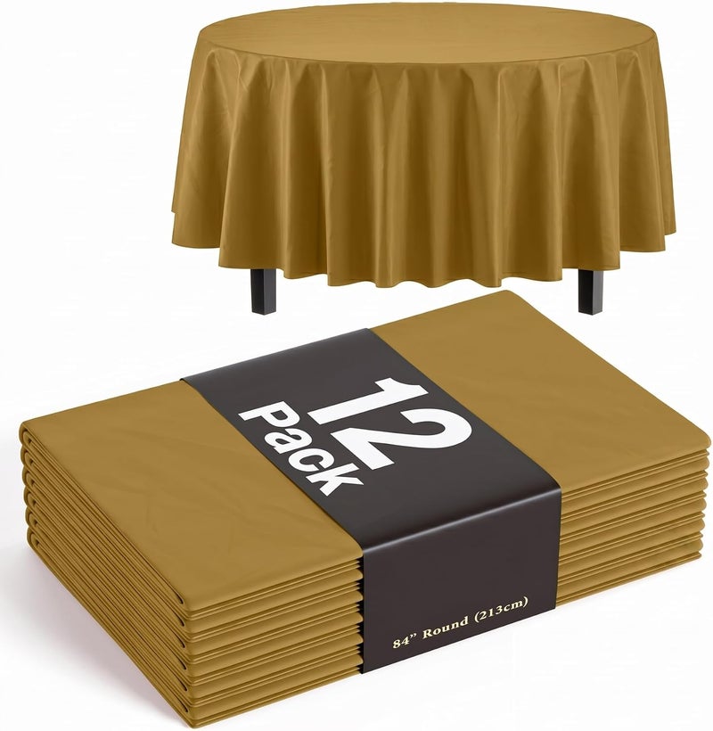 Exquisite 12-Pack Premium Plastic Tablecloth 84in. Round Table Cover - Gold - Image 1