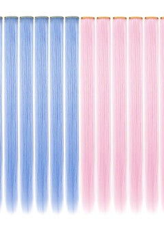 ECOCHARMS Princess Party Highlight Light Pink Light Blue Hair Pieces Colored Hair Extensions Clip in for Girls 12PCS(Light Bule Light Pink)  - Image 1