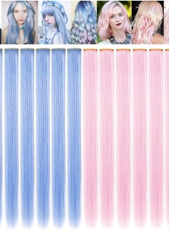 ECOCHARMS Princess Party Highlight Light Pink Light Blue Hair Pieces Colored Hair Extensions Clip in for Girls 12PCS(Light Bule Light Pink)  - Image 2