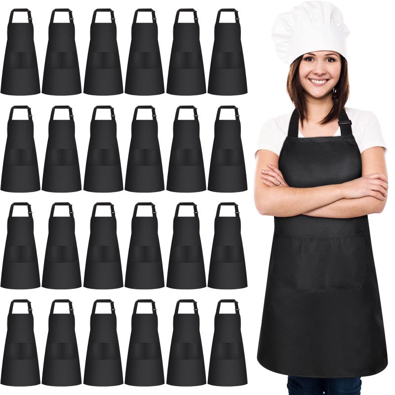 JaGely 24 Pack Adjustable Bib Apron with 2 Pockets Black Aprons Bulk for Server Adult Women Kitchen Apron Water Oil ResistantBlack