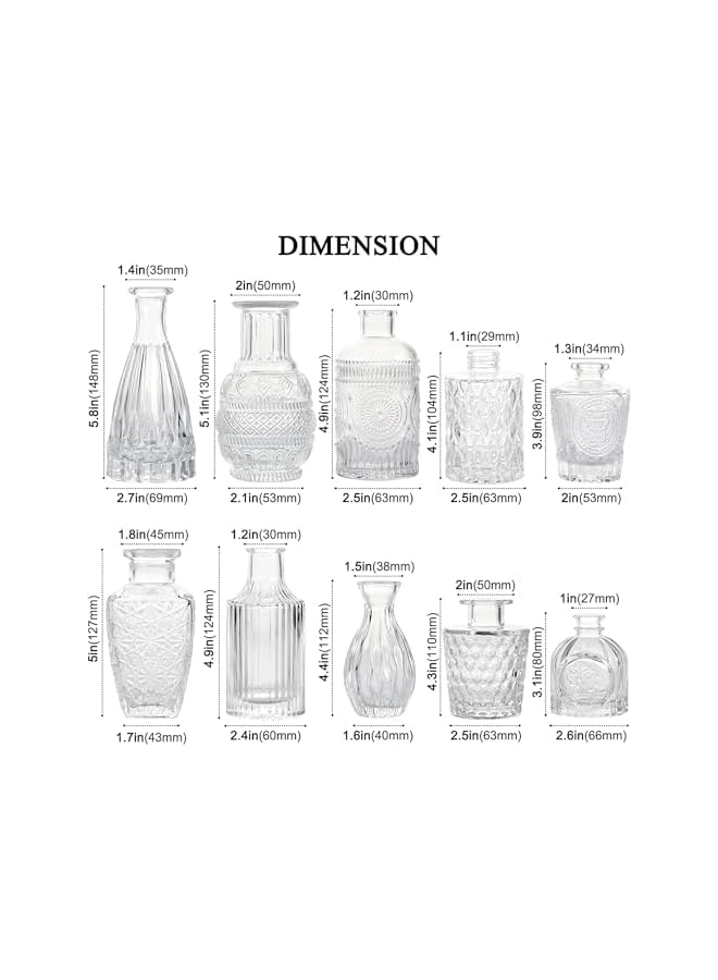 The Bros Glass Bud Vase Set of 10 - Small Vases for Flowers, Clear Bud Vases in Bulk, Cute Glass Vases for Centerpieces, Mini Vintage Vase for Rustic Wedding Decorations, Home Table Flower Decor (A) - Image 3
