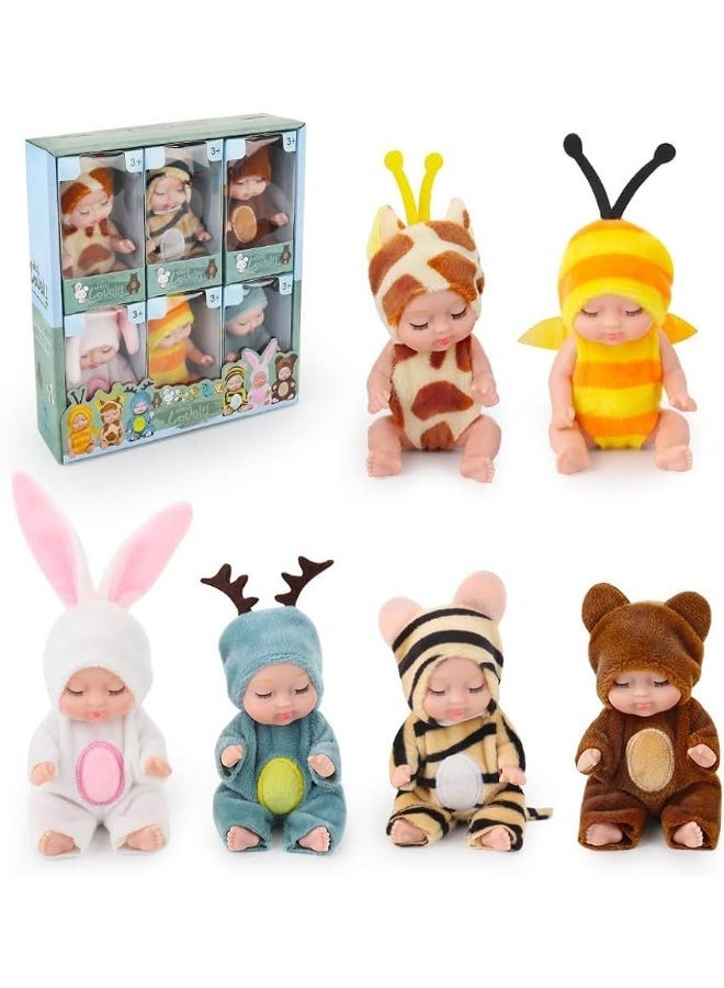 SUZZ 6pcs Mini Baby Dolls Gift Set, Cute Small Brown bear, Unicorn, Tiger, Giraffe, Rabbit, Bee Baby Doll Toys With Animal Clothes, Perfect Birthday, Holiday and Ramadan Gifts for Girls And Boys, Suitability Kids 3 and Up - Image 1