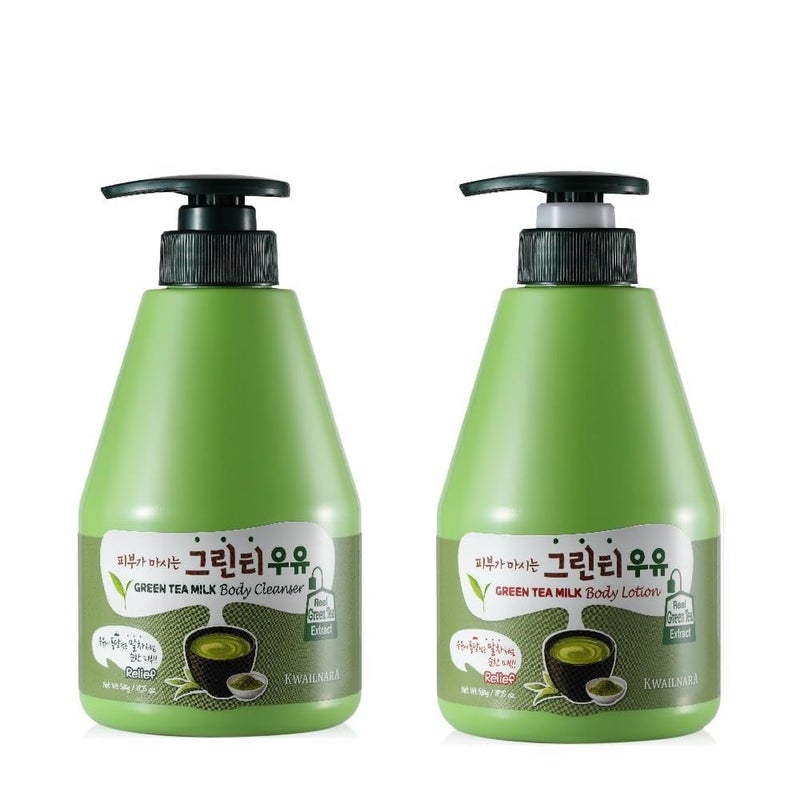 WELCOS KWAILNARA Green Tea Milk Body Lotion  Body Wash Set  Soothing  Refreshing Korean Skincare Set with Green Tea Extract 560 g  1975 oz Each