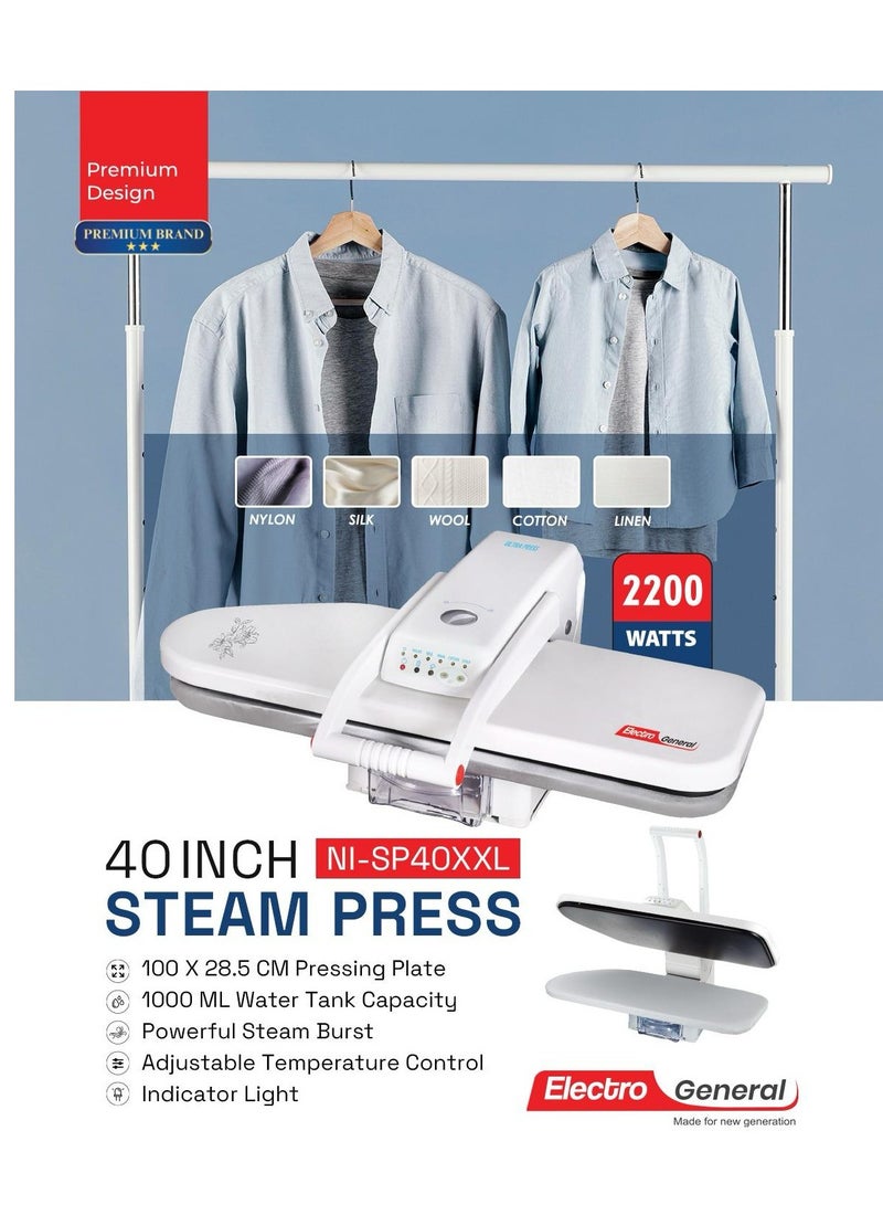 Electro General Electro General XXL Steam Press Iron 40-Inch – 2200W Power, 100x28.5cm Plate, 5 Fabric Modes (Nylon, Silk, Wool, Cotton, Linen), Adjustable Temperature, 1000ml Water Tank, Light Indicator – Model NI-SP40XXL