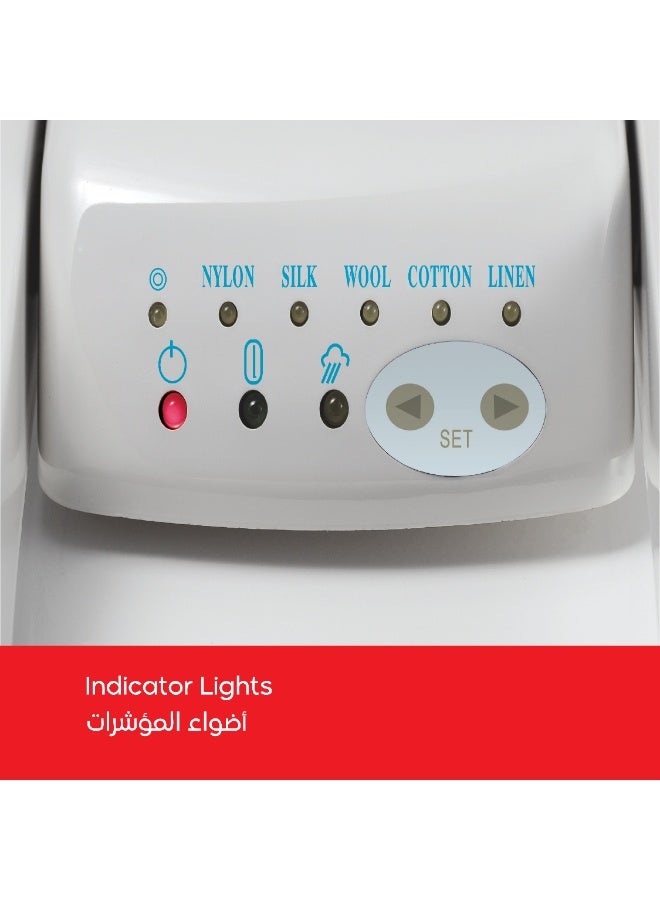 الكترو جنرال إلكترو جنرال كاوية بخار كبس 40 بوصة حجم كبير جدًا – 2200 واط، سطح 100×28.5 سم، 5 أوضاع للأقمشة (نايلون، حرير، صوف، قطن، كتان)، خزان ماء 1000 مل، تحكم حراري، مؤشر ضوء – موديل NI-SP40XXL - Image 4