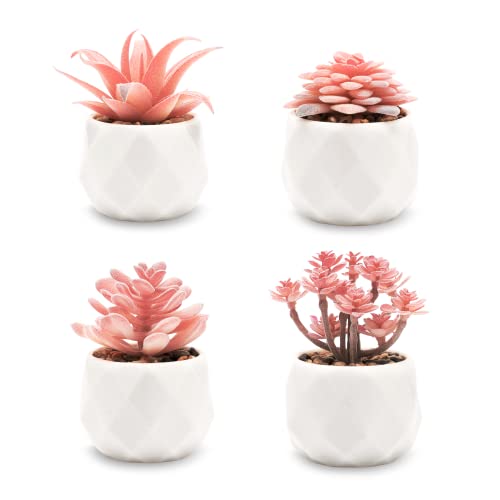 VIVERIE Mini Succulents Plants Artificial in Pots-Rose Pink, Christmas Small Fake Succulents Plants for Home Halloween Decor Indoor for Women, White Ceramic, Set of 4, Gifts for Mom - Image 1