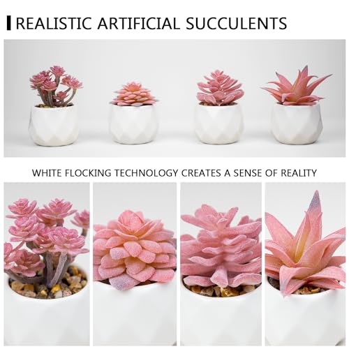 VIVERIE Mini Succulents Plants Artificial in Pots-Rose Pink, Christmas Small Fake Succulents Plants for Home Halloween Decor Indoor for Women, White Ceramic, Set of 4, Gifts for Mom - Image 3