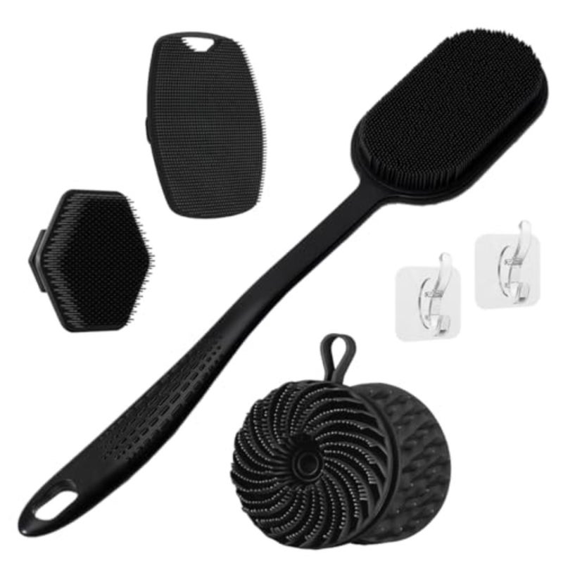 Silicone Back Scrubber 16.5" and Silicone Body Scrubber Dual-Side and Hair Scalp Massager and Face Brush Set (4PCS), Deep Cleaning and Shampoo at Home with 2 Free Hooks - Image 1
