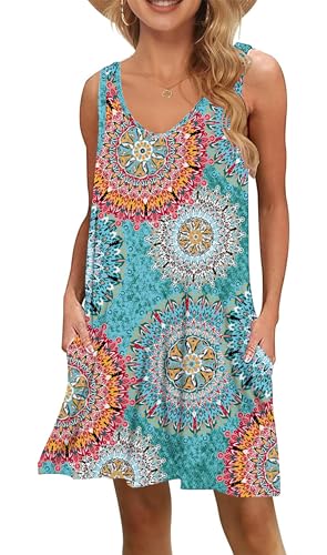 MISFAY Women's Summer Casual T Shirt Dresses Beach Cover up Tank Dress with Pockets(Print Green,M) - Image 1