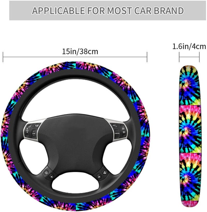 Swono Tie Dye Auto Car Steering Wheel Cover for Women Girls Rainbow Shibori Print 15 Inch Steering Wheel Protector Case,Fits for Automotive Car SUV Sedans - Image 3
