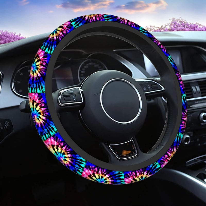 Swono Tie Dye Auto Car Steering Wheel Cover for Women Girls Rainbow Shibori Print 15 Inch Steering Wheel Protector Case,Fits for Automotive Car SUV Sedans - Image 1