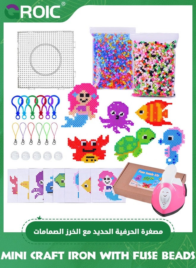 GROIC Fuse Beads with Mini Iron Set - 5000pcs Beads for Crafts, 5MM Melty Beads Set with Mini Iron for Kids Crafts with Bead Pegboard and Aqua Pony Beads, Handmade DIY Toys for Boys & Grils (Ocean Theme) - Image 1