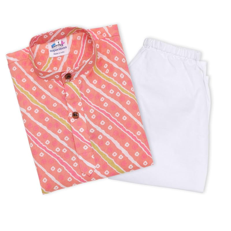 superminis Cottton Full Sleeves Lehariya Printed Kurta Pyjama Set for Boys (3-6 Months, Pink) - Image 1
