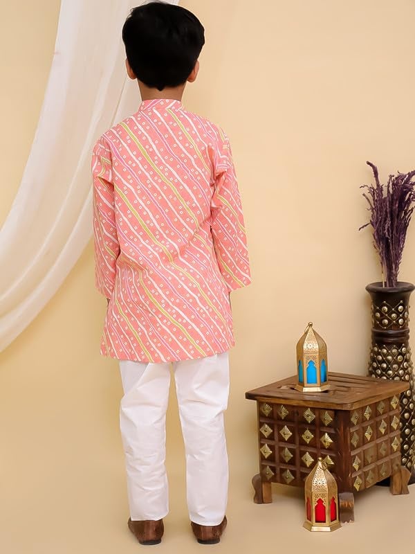 superminis Cottton Full Sleeves Lehariya Printed Kurta Pyjama Set for Boys (3-6 Months, Pink) - Image 3