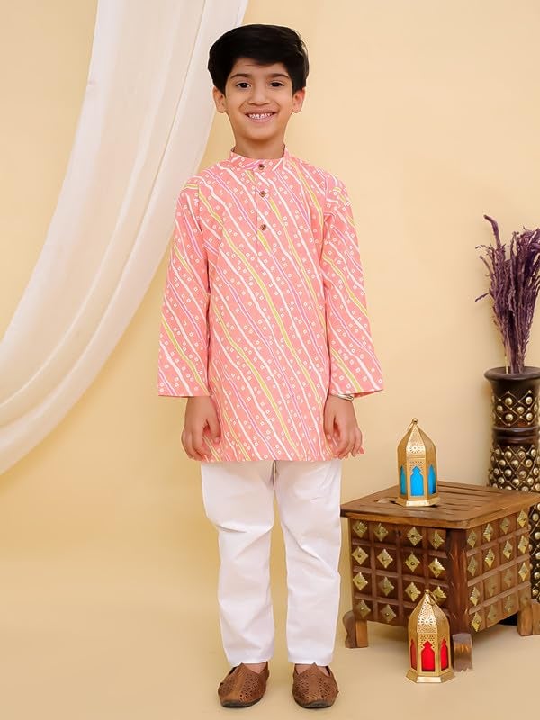 superminis Cottton Full Sleeves Lehariya Printed Kurta Pyjama Set for Boys (3-6 Months, Pink) - Image 2
