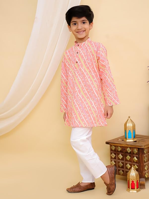 superminis Cottton Full Sleeves Lehariya Printed Kurta Pyjama Set for Boys (3-6 Months, Pink) - Image 4
