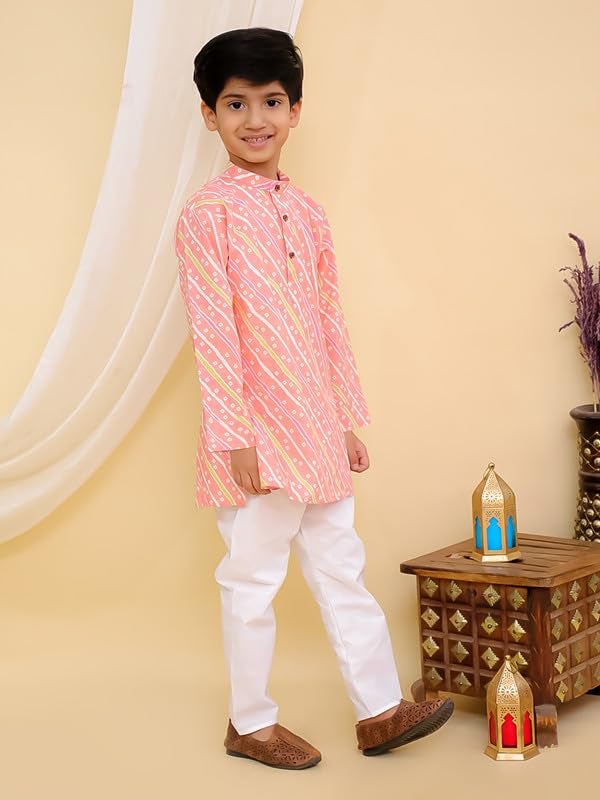 superminis Cottton Full Sleeves Lehariya Printed Kurta Pyjama Set for Boys (3-6 Months, Pink) - Image 5