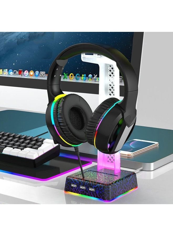 BURAQ Z3 Cracked With 3USB Expansion Port Headphone Stand RGB Ambient Light Headphone Display Holder(Black)  - Image 1
