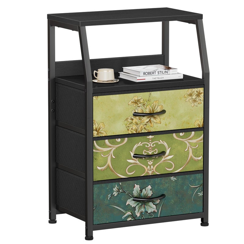 Furnulem Retro Night Stand with 3 Drawers and 2-Tier Shelf, Small Nightstand Side Table, Vintage Storage Dresser for Bedroom, Fabric Drawer Organizer for Closet, Beside Furniture - Image 1