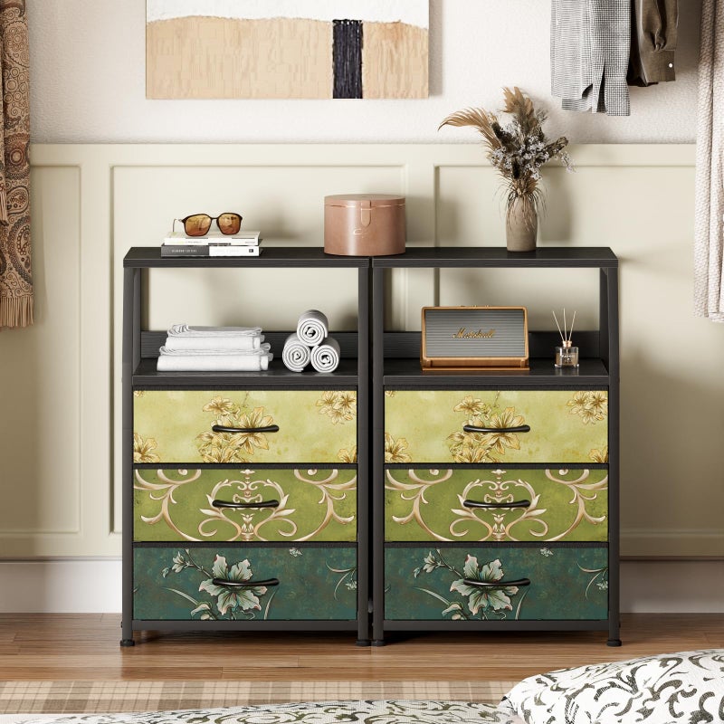 Furnulem Retro Night Stand with 3 Drawers and 2-Tier Shelf, Small Nightstand Side Table, Vintage Storage Dresser for Bedroom, Fabric Drawer Organizer for Closet, Beside Furniture - Image 4