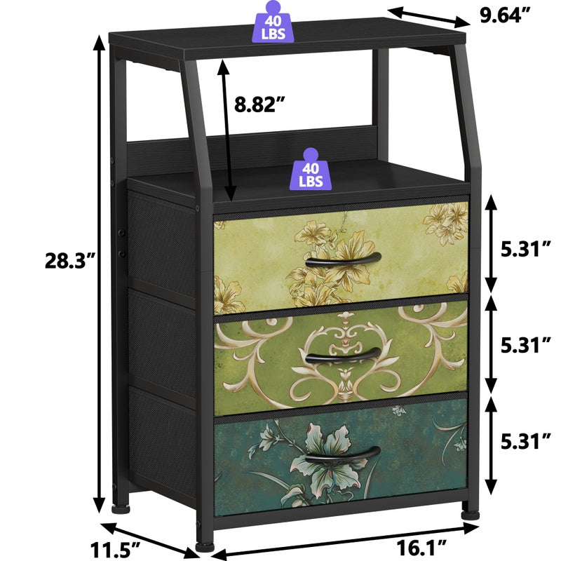 Furnulem Retro Night Stand with 3 Drawers and 2-Tier Shelf, Small Nightstand Side Table, Vintage Storage Dresser for Bedroom, Fabric Drawer Organizer for Closet, Beside Furniture - Image 3