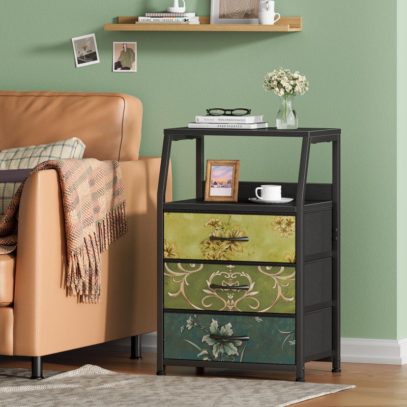 Furnulem Retro Night Stand with 3 Drawers and 2-Tier Shelf, Small Nightstand Side Table, Vintage Storage Dresser for Bedroom, Fabric Drawer Organizer for Closet, Beside Furniture - Image 2