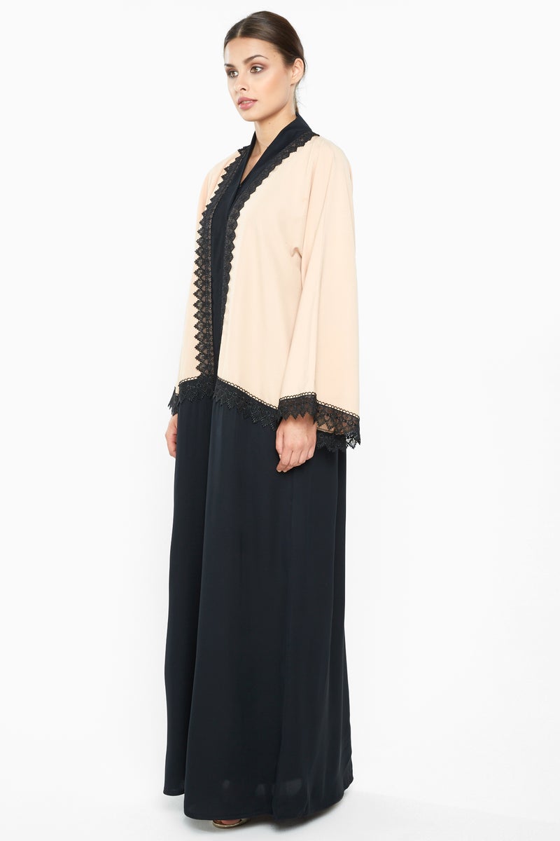 NUKHBAA A trendy duo-colored abaya with black stripe lace detailing-AJ663A - Image 2