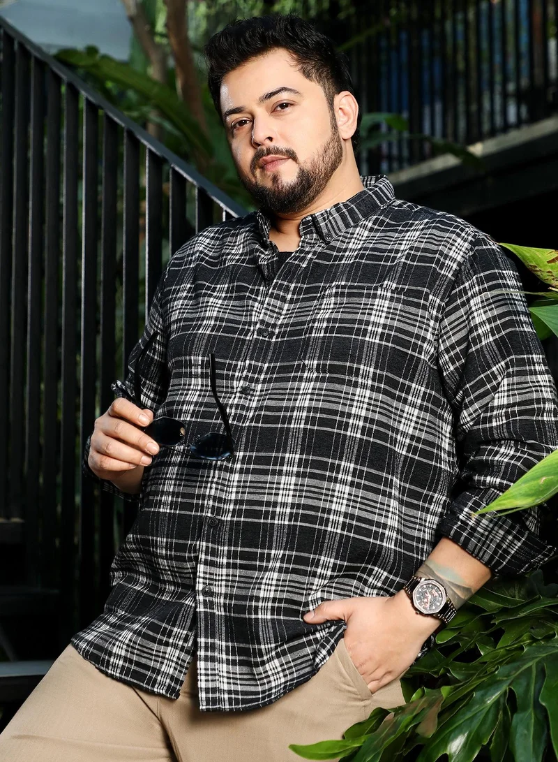 Men Button-Down Static-Plaid Shirt | Button-Down Collar, Long Button-Cuff Sleeves | Button Closure, Curved Hem | Plaid Jacquard | Woven Fabric For Plus Size Casual & Daily Wear | Black