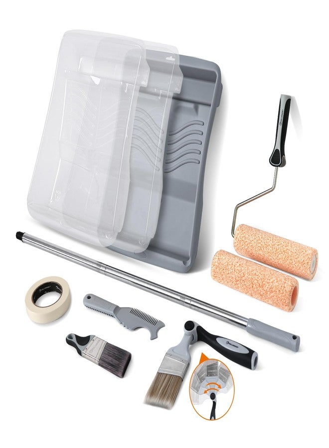 ROLLINGDOG 11 PC 9 Inch Paint Rollers Kit With Extension Pole, Extendable Paint Brush, Paint Tray with Liners, Paint Roller Cleaner and Masking Tape for Wall Ceiling House Painting - Image 1