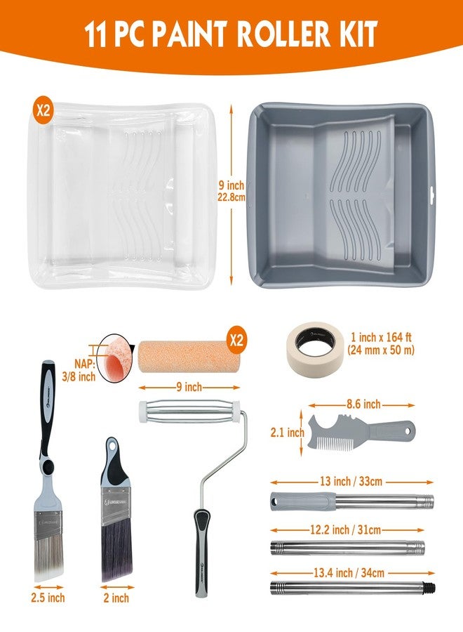 ROLLINGDOG 11 PC 9 Inch Paint Rollers Kit With Extension Pole, Extendable Paint Brush, Paint Tray with Liners, Paint Roller Cleaner and Masking Tape for Wall Ceiling House Painting - Image 2