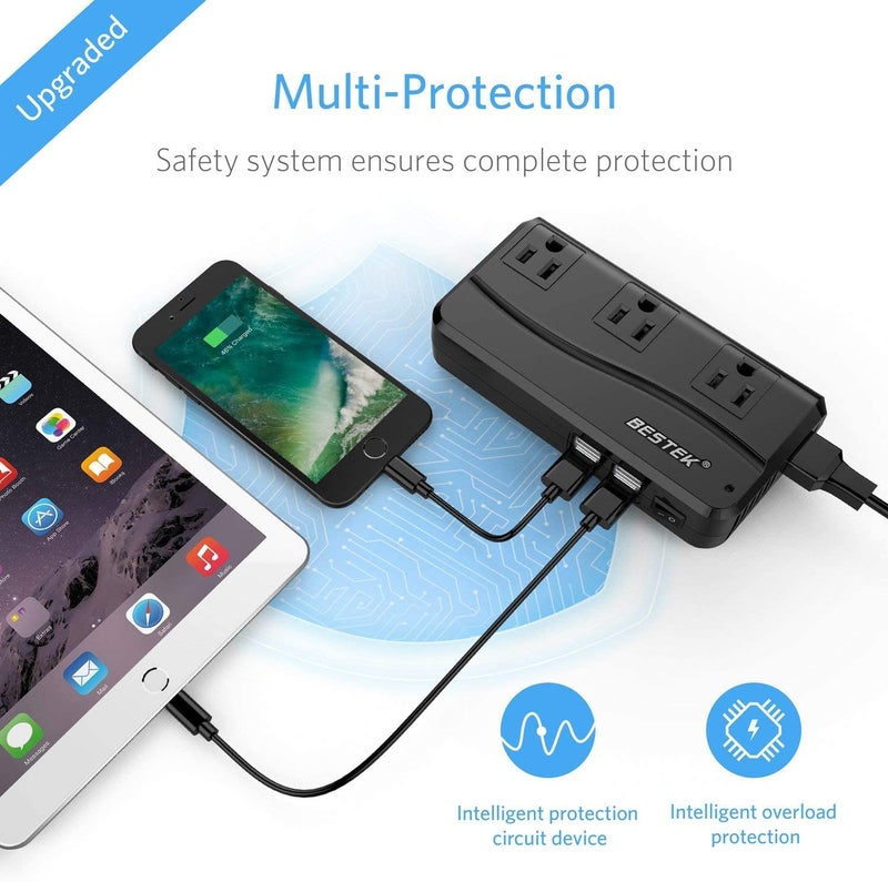 BESTEK محول السفر العالمي BESTEK 220V إلى 110V مع محول جهد 6A و 4 منافذ USB ومحول قابس عالمي (أسود) - Image 3