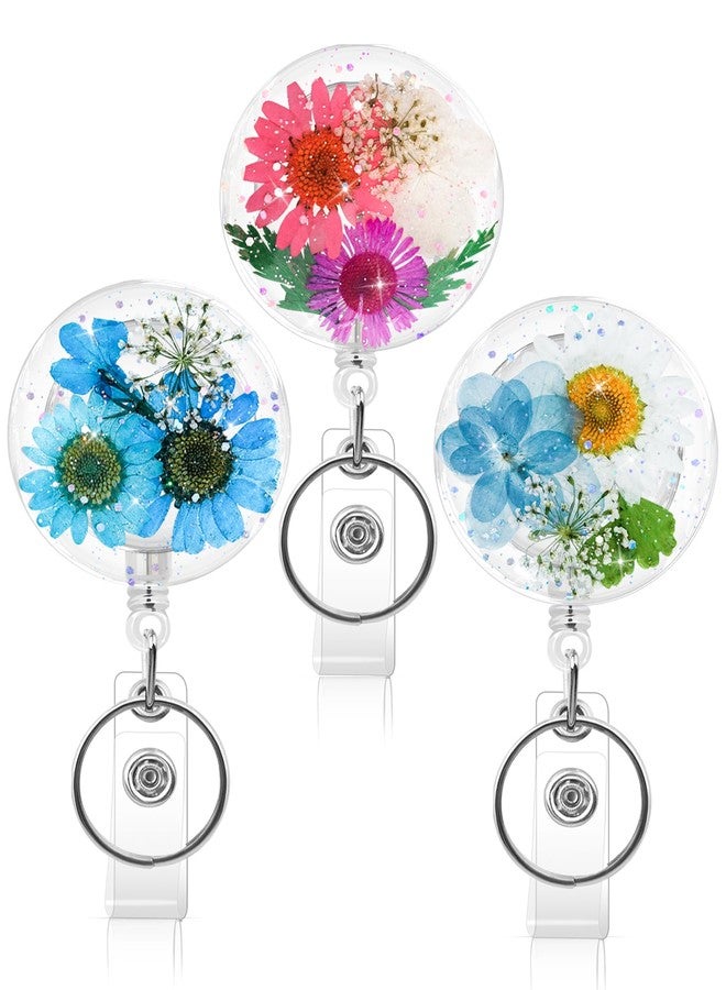 KJQJLY 3 Pcs Flower Badge Reel Retractable Nursing Badges Holder Nurse Badge Reels with Key Ring Badge Holder Dried Floral Resin ID Badge Clip for Teacher Nurse Doctor Worker (Circle 2) - Image 1