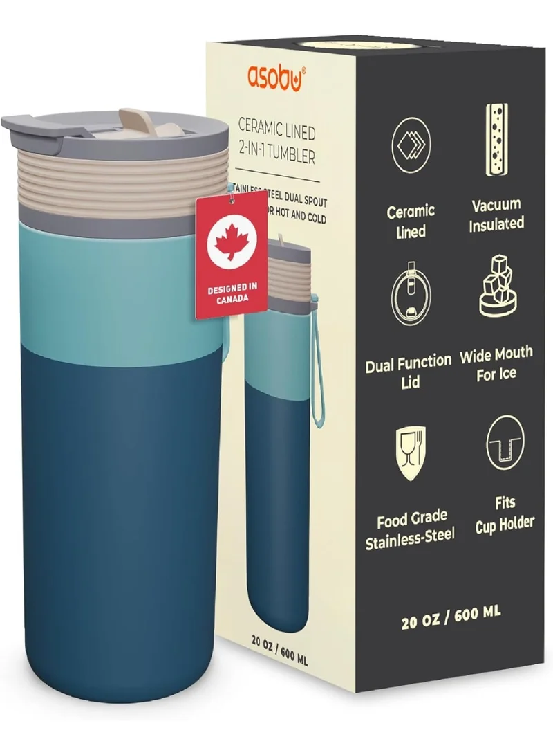 Asobu Aspen Travel Bottle 590ml – Ceramic Lined Insulated Stainless Steel Water Bottle with Leak-Proof 2-in-1 Lid, Double Wall Vacuum Flask for Hot & Cold Drinks