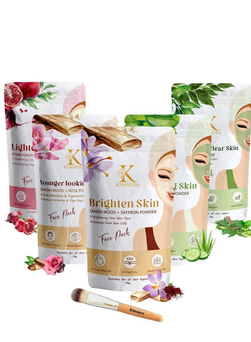 Kimayra Skin Care Combo Powder (Sandalwood + Saffron, Sandalwood + Rose, Aloevera + Cucumber, Pomegranate + Beetroot, Neem + Mint) - Face Pack Combo Powder for Natural Glow Skin - 375Gm (75G X 5 Pack) - Image 1