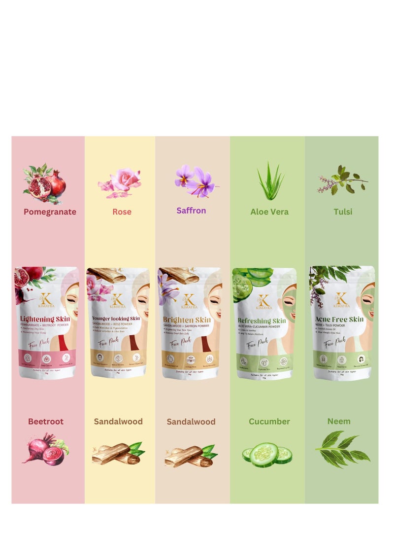Kimayra Skin Care Combo Powder (Sandalwood + Saffron, Sandalwood + Rose, Aloevera + Cucumber, Pomegranate + Beetroot, Neem + Mint) - Face Pack Combo Powder for Natural Glow Skin - 375Gm (75G X 5 Pack) - Image 2