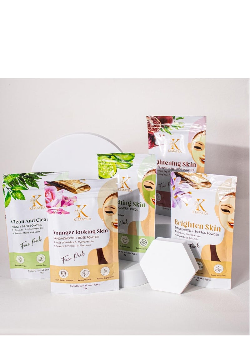 Kimayra Skin Care Combo Powder (Sandalwood + Saffron, Sandalwood + Rose, Aloevera + Cucumber, Pomegranate + Beetroot, Neem + Mint) - Face Pack Combo Powder for Natural Glow Skin - 375Gm (75G X 5 Pack) - Image 3