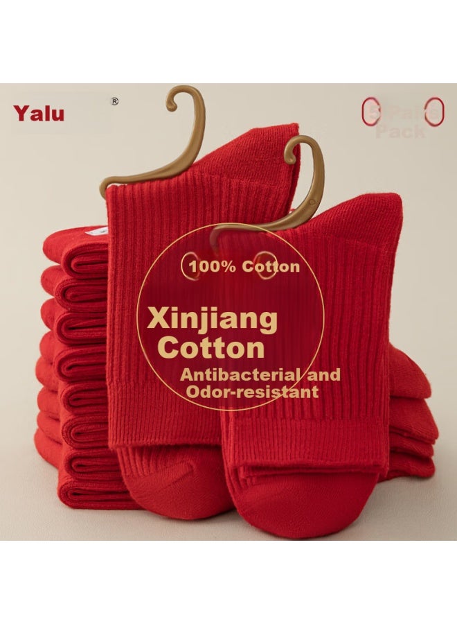 Yalu 5 Pairs Couple Pure Cotton Socks Men And Women Red Socks For Zodiac Year Winter Men's Lucky Mid-calf Red Wedding Festive Socks - Image 1