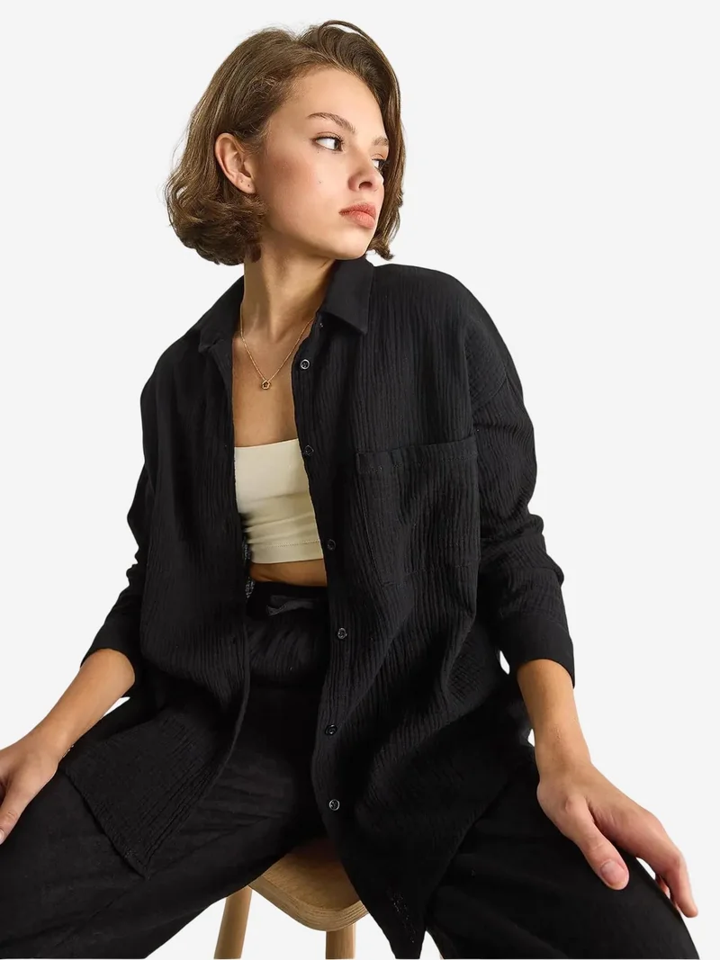 Bianco Lucci LUCCI Textured Oversized Button-Up Shirt with Pocket