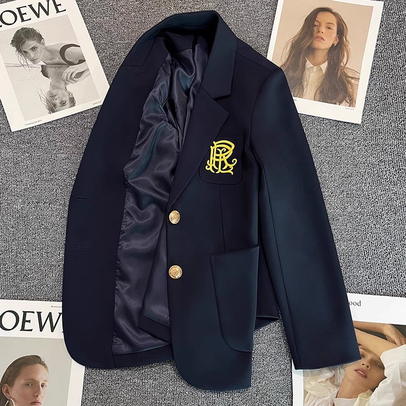 Navy Embroidered Suit Jacket For Women 2025 Spring & Fall Preppy Style Design Korean Style Fashion Versatile Suit - Image 2