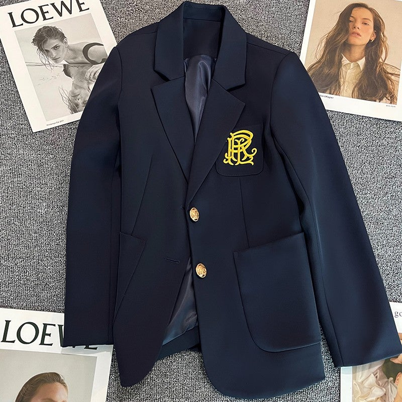 Navy Embroidered Suit Jacket For Women 2025 Spring & Fall Preppy Style Design Korean Style Fashion Versatile Suit - Image 1