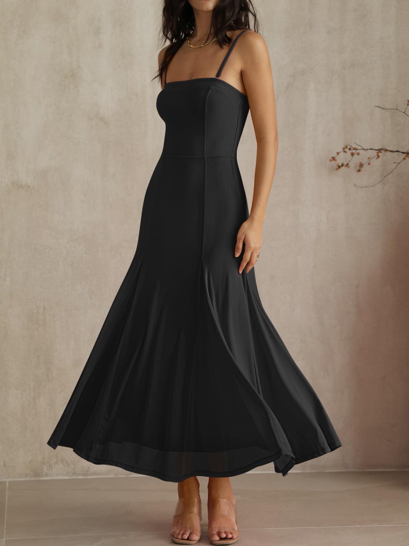 Caracilia Maxi Dresses for Women Formal Mesh Spaghetti Strap Cocktail Wedding Guest Party Flowy Dress 2026 Summer Black Small - Image 3
