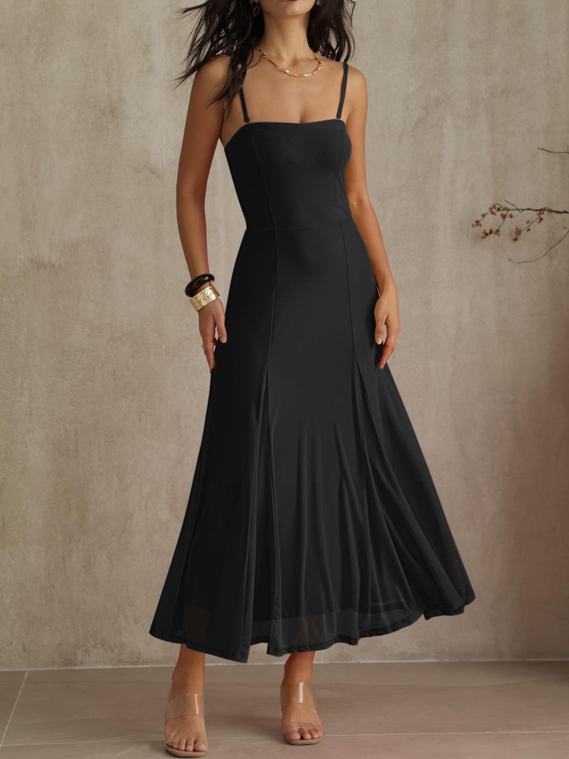 Caracilia Maxi Dresses for Women Formal Mesh Spaghetti Strap Cocktail Wedding Guest Party Flowy Dress 2026 Summer Black Small - Image 2