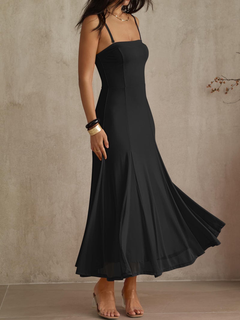 Caracilia Maxi Dresses for Women Formal Mesh Spaghetti Strap Cocktail Wedding Guest Party Flowy Dress 2026 Summer Black Small - Image 4