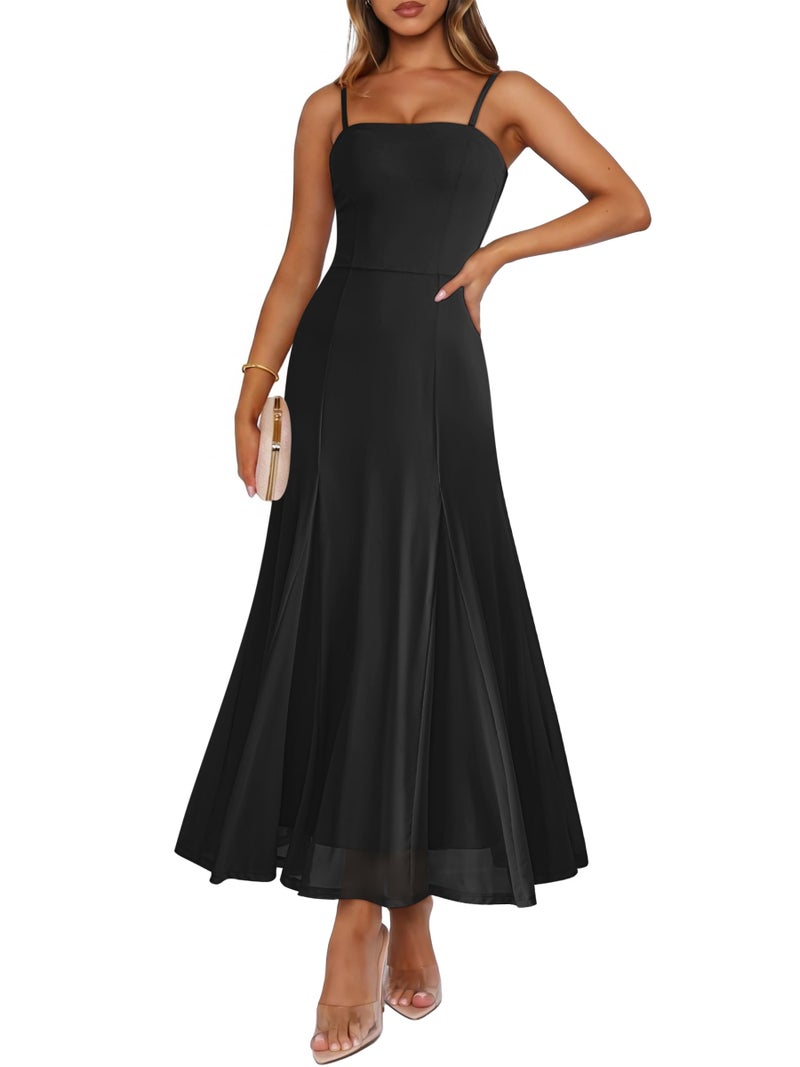 Caracilia Maxi Dresses for Women Formal Mesh Spaghetti Strap Cocktail Wedding Guest Party Flowy Dress 2026 Summer Black Small - Image 1