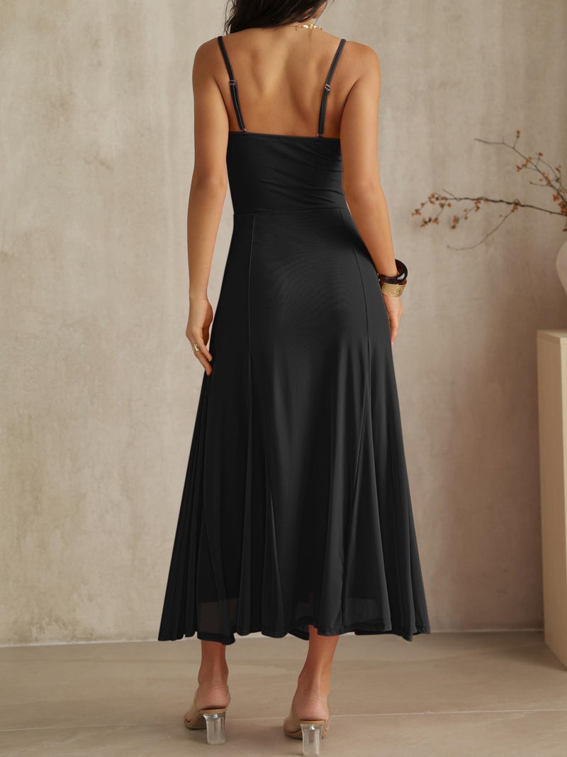 Caracilia Maxi Dresses for Women Formal Mesh Spaghetti Strap Cocktail Wedding Guest Party Flowy Dress 2026 Summer Black Small - Image 5