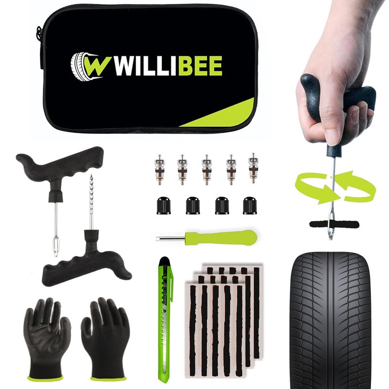 WILLIBEE 9-in-1 Tool Set (Pack of 15 Strips), Tubeless Tyre Puncture Repair Kit for Car, Bike, Scooter & SUV (with Storage Bag) | Universal Emergency Tyre Fix Tool Set, Flat Tire Puncher Repair Kit. - Image 1