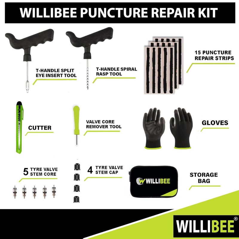 WILLIBEE 9-in-1 Tool Set (Pack of 15 Strips), Tubeless Tyre Puncture Repair Kit for Car, Bike, Scooter & SUV (with Storage Bag) | Universal Emergency Tyre Fix Tool Set, Flat Tire Puncher Repair Kit. - Image 2